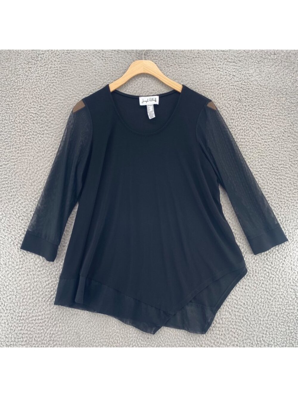 Joseph Ribkoff Top Womens 10 Black Tee Mesh Shirt Hem 3/4 Sleeves Stretch Knit